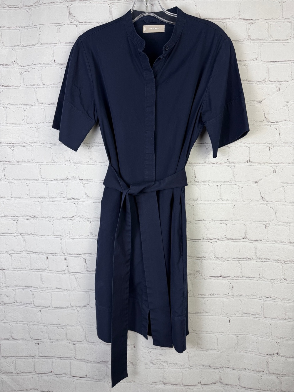 EVERLANE navy blue cotton short sleeve button shirt dress with tie waist, size 4